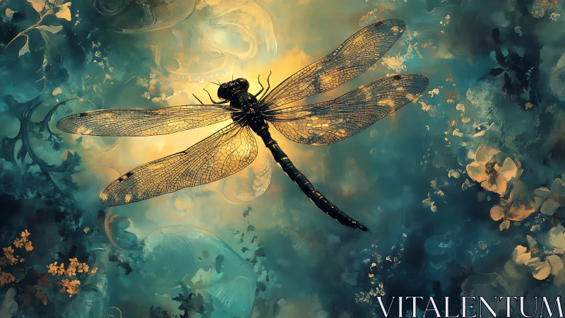 Iridescent dragonfly rendered against luminous teal bokeh field