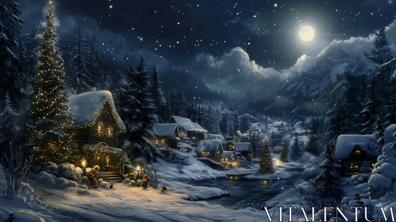 Snowy mountain village with glowing Christmas cabins at night.