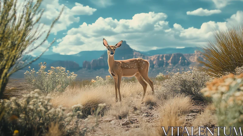 Young desert deer pausing under a bright western sky.