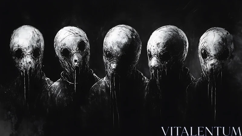 Row of five plague mask figures in stark monochrome horror.