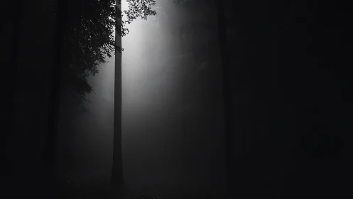 Tall tree with mist in forest corridor.