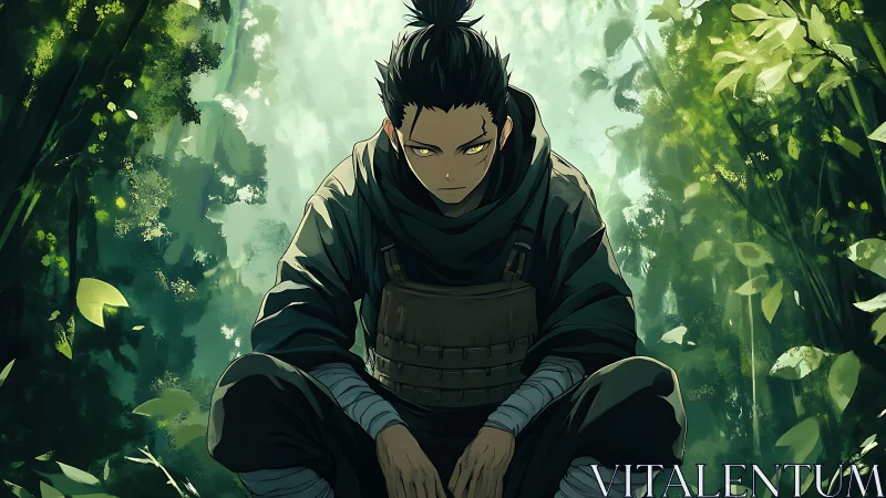 Forest rogue at rest in a glowing green sanctuary.