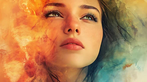 Portrait of contemplative woman in warm abstract colors.