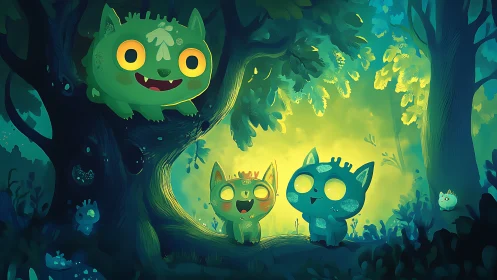 Bioluminescent forest critters in stylized nocturnal tableau.