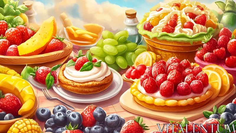 Digital illustration depicts assorted fruit tarts and berries