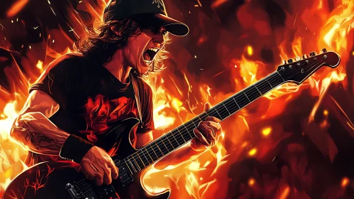 Flaming rock guitarist rendered in high-contrast digital painting