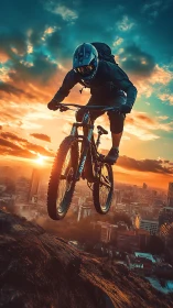 Daring Cyclist Soaring Above the Golden Sunset City