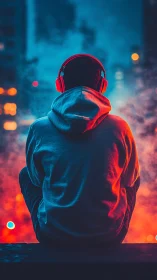 City listener unwinds in neon haze with glowing headphones.