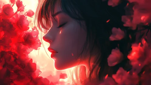 Crimson daydream girl adrift in glowing floral embers.