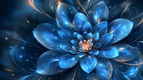 Blue luminous fractal flower with layered translucent petals.