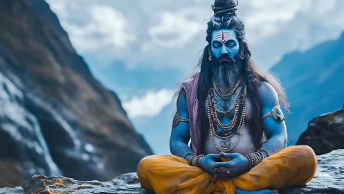Blue ascetic meditates in silent Himalayan mountain pass.