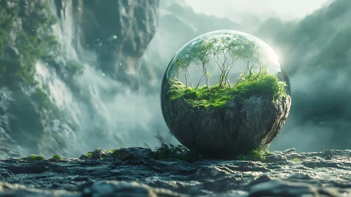 Glass sphere terrarium holding forest on misty rocky plateau.