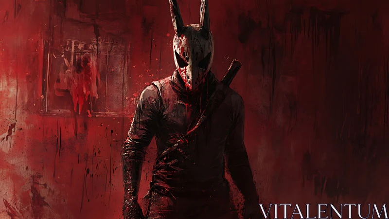 Masked killer stalks crimson corridor in soaked leathers.