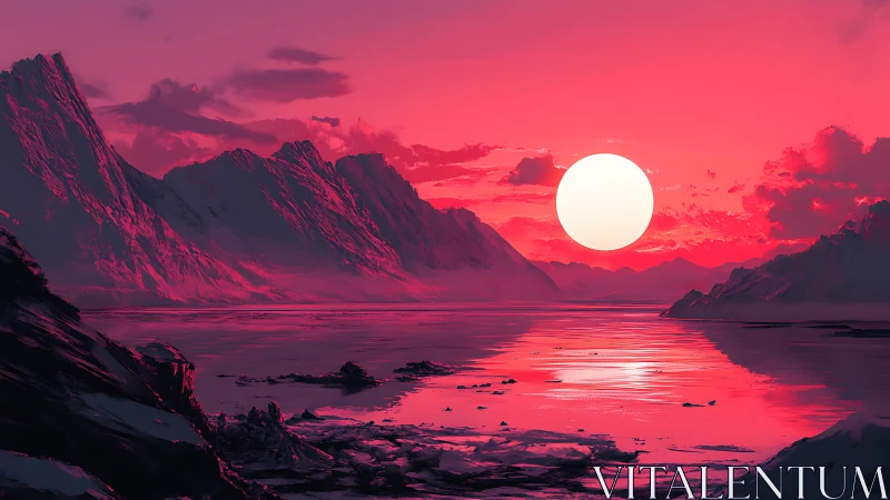 Crimson sun melting over quiet arctic mountain waters.