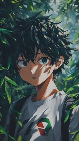 Curious anime boy pauses in a lush, sunlit forest path