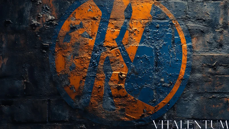 Textured circular emblem on distressed industrial wall surface.