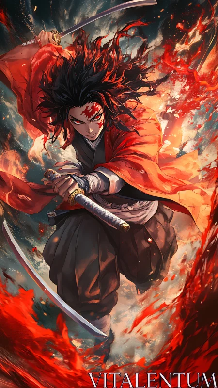 Fire-clad swordsman charges through swirling crimson inferno.