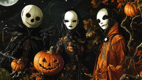 Halloween masked trio with pumpkins under moonlit sky.