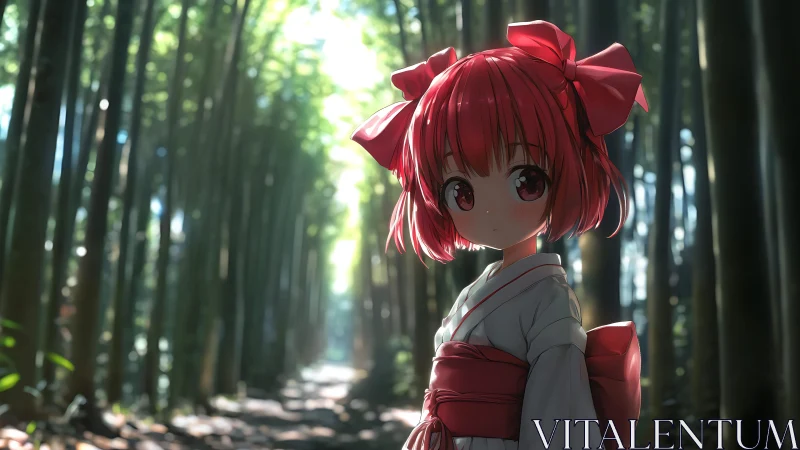 Red-haired shrine girl stands in sunlit bamboo forest path