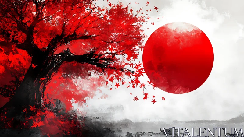 Crimson maple unravels into a rising sun of drifting leaves