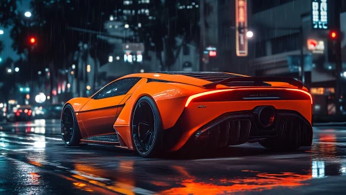 Neon city rain embracing a glowing orange supercar dream.