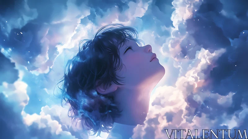 Luminous profile of dreaming youth immersed in volumetric clouds