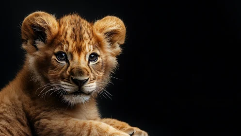 Young lion cub gazes softly against deep black backdrop