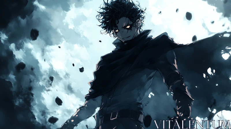 Storm-eyed antihero rises amid swirling ink-dark skies.