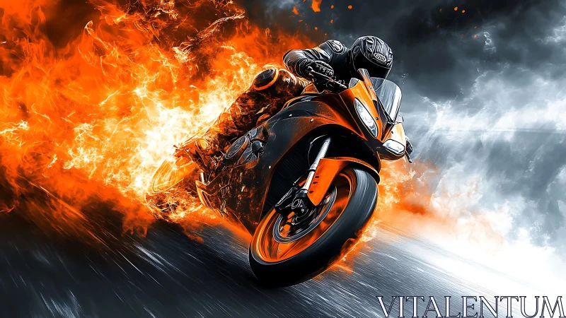 Motorcycle and rider rendered in dynamic orange flame motion