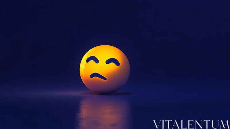 Moody neon emoji orb glows alone in midnight blue hush.