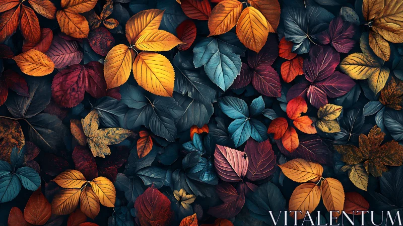 Autumn foliage mosaic with rich teal and crimson contrast.