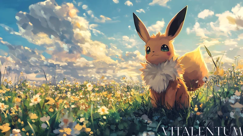 Sunlit foxlike creature enjoys a dreamy meadow of flowers