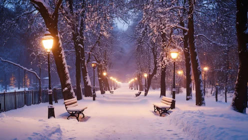 Snow-laden park avenue illuminated by warm lamppost bokeh glow