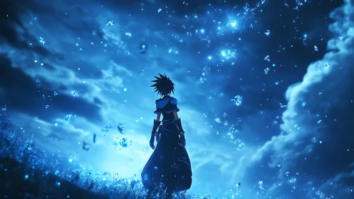 Silhouetted figure under luminous blue night sky field.