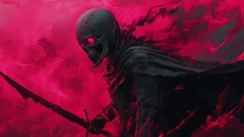 Crimson wraith swordsman advances through vaporous inferno veil