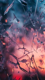 Shattered glass surface captures defocused warm and cool light