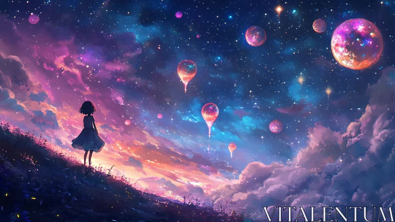 Stargazing girl beneath drifting cosmic dream balloons.