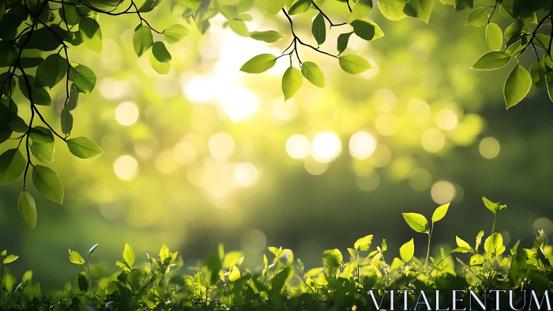 Sunlit Green Leaves with Bokeh Background in Nature-Inspired Style.