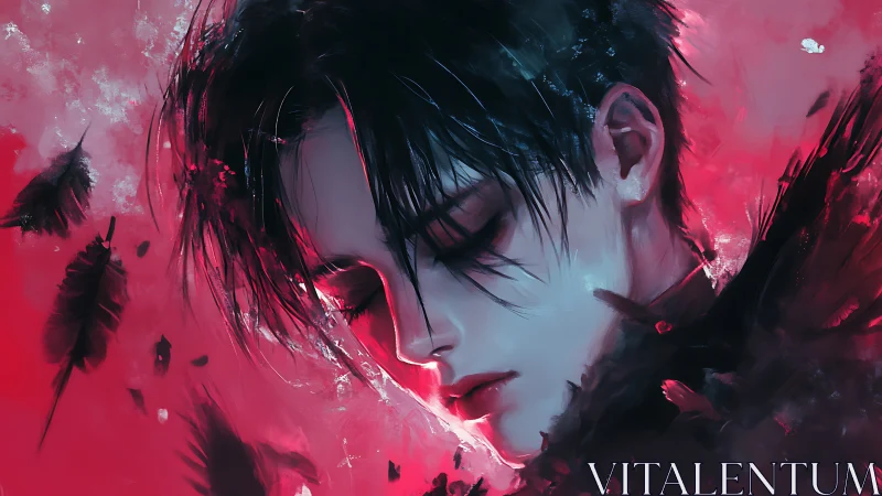 Profile portrait of dark haired figure amid red feathers.