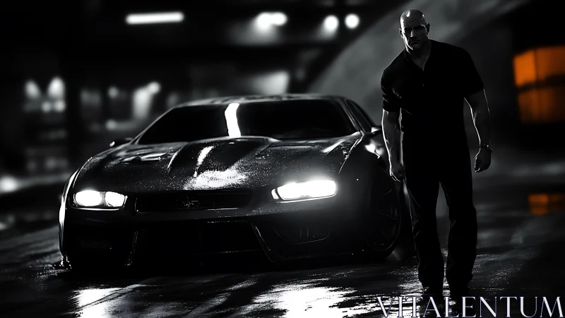 Man stands beside sleek sports car in rainy night street
