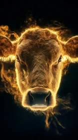 Luminous bovine portrait renders fiery contours in chiaroscuro