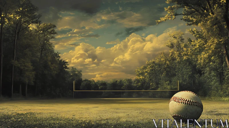 Baseball lies on quiet field under dramatic cloudy sky.