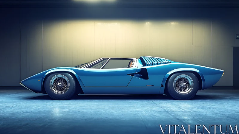 Cerulean wedge supercar poised under cinematic garage light.