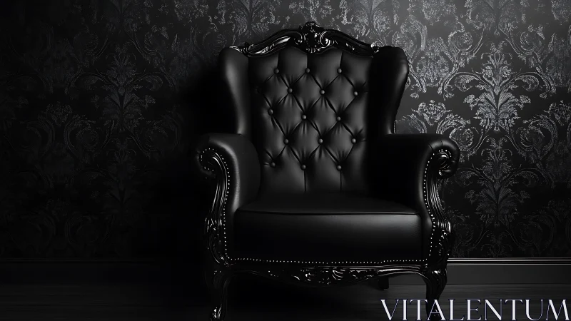 Velvety black armchair in a softly lit, elegant corner.