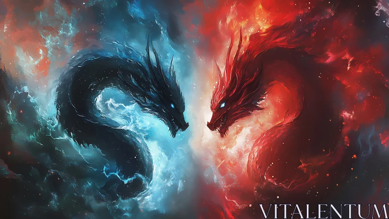Dual elemental dragon forms in opposing red and blue fields.