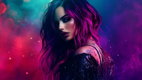 Neon-lit cyber noir portrait renders iridescent magenta hair