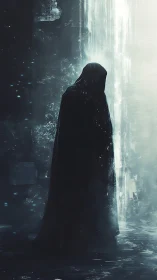 Hooded wanderer stands before a blinding spectral gateway