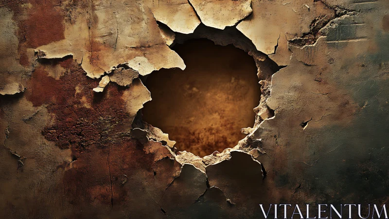 Central circular breach interrupts textured, rusted surface