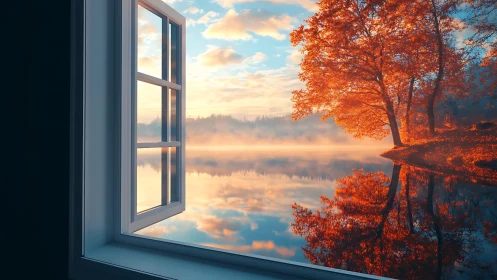 Open window to calm autumn lake and sunrise glow.