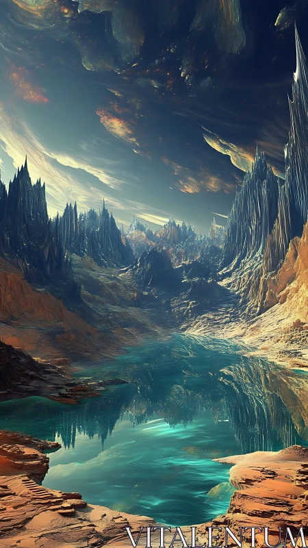 Alien lake mirrors jagged crystal peaks beneath swirling sky.